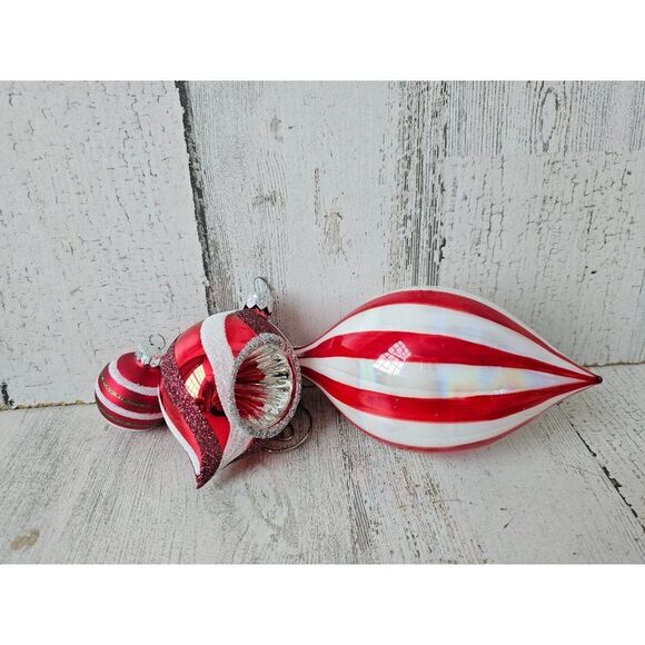Striped reflector red ornament teardrop ball set lot Xmas tree large - Picture 1 of 13